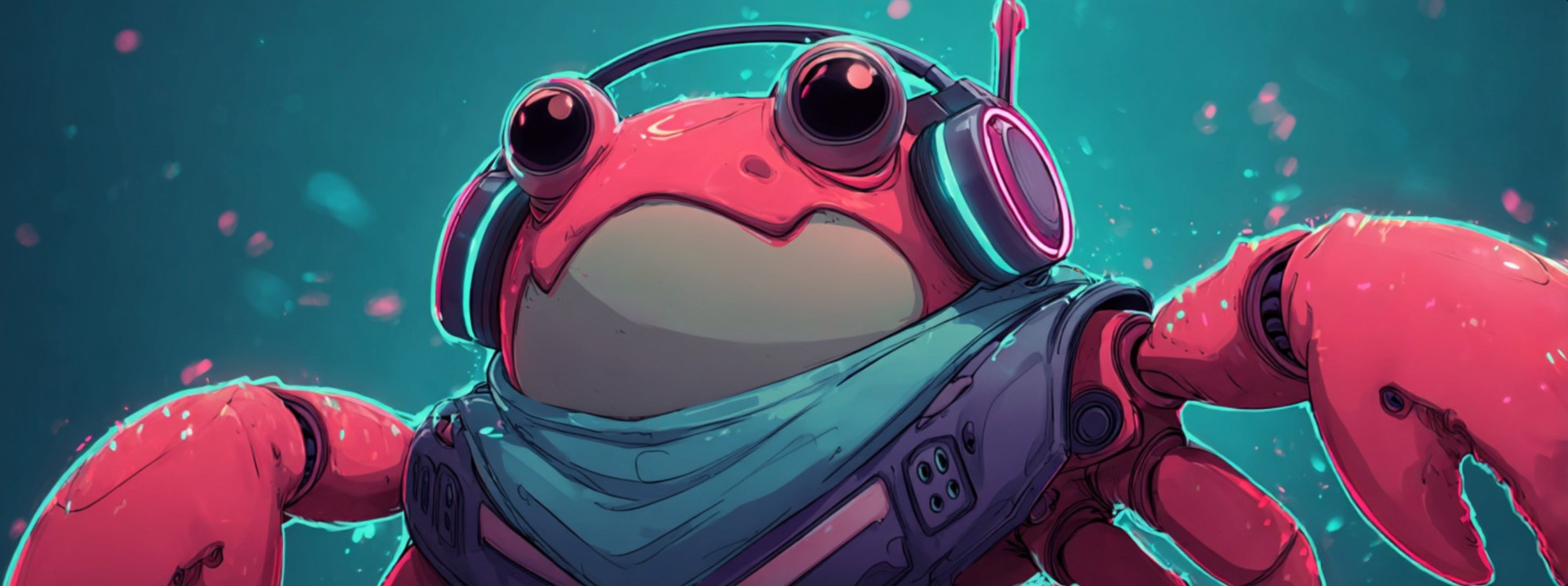 AfterClaw — a red robotic frog mascot wearing headphones
