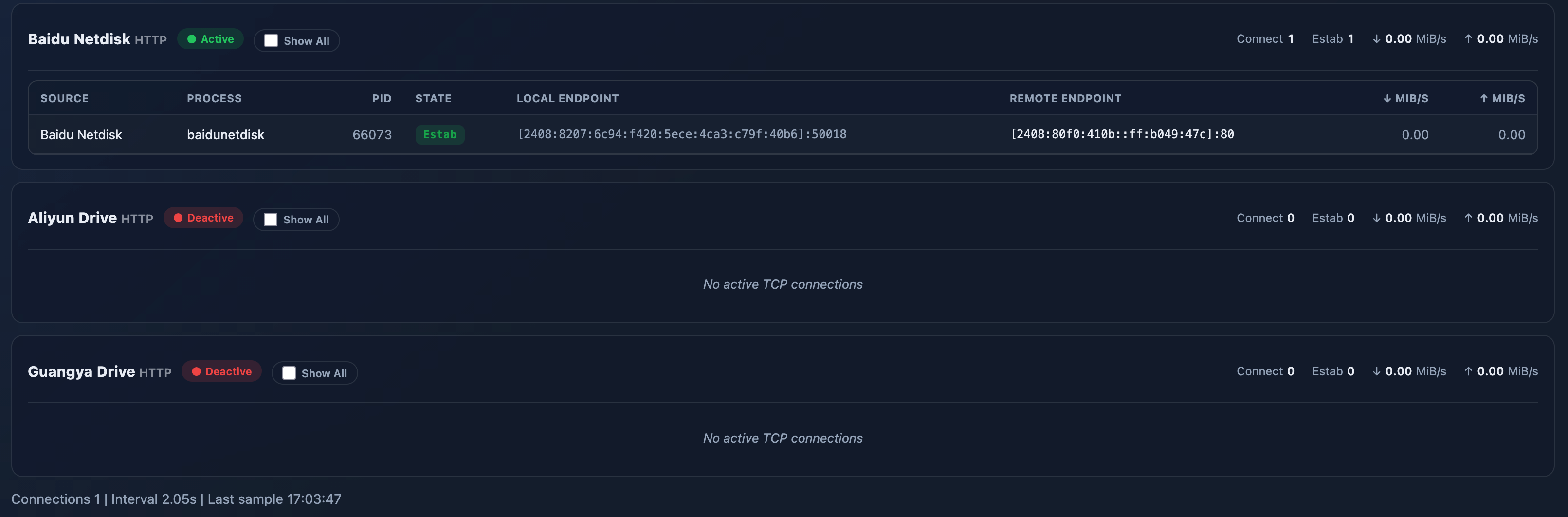 AfterClaw HTTP connections view